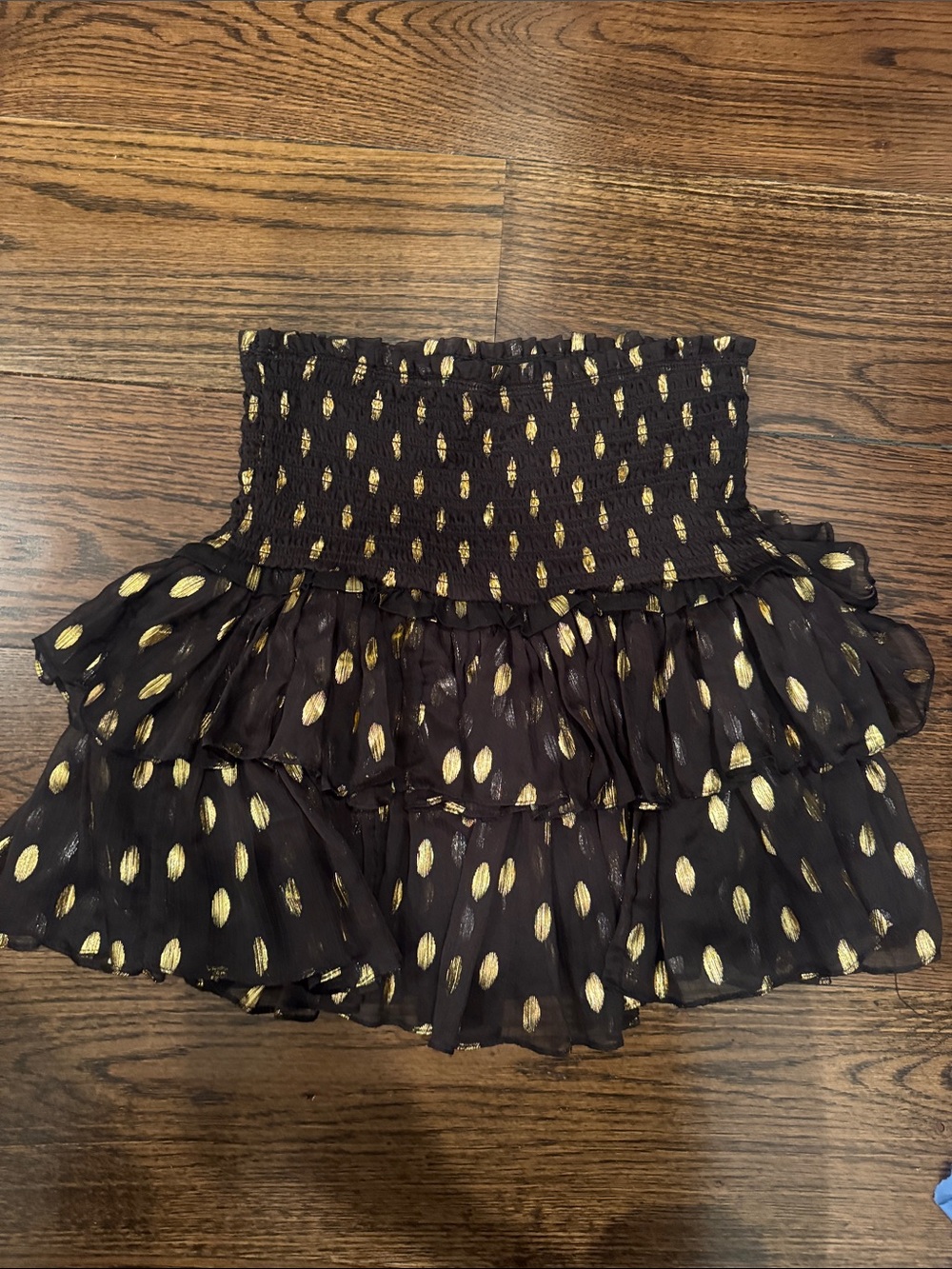 DO+BE Black Mini Skirt with Gold Metallic Dot Ruffles